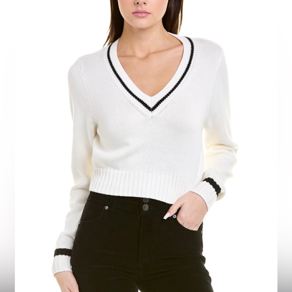 BCBGeneration V-Neck White Sweater with Black Trim